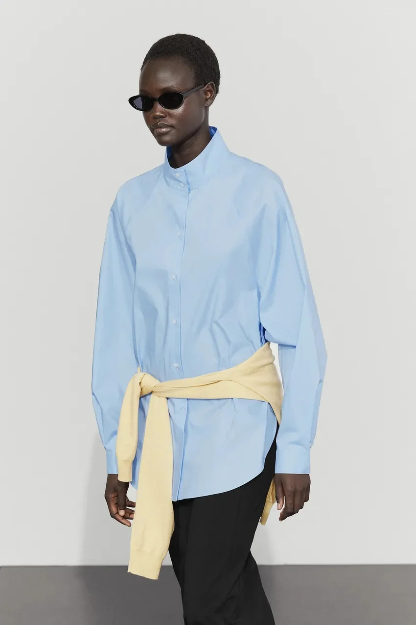 Рубашка Massimo Dutti 100% Cotton с высоким воротником, небесно-голубой