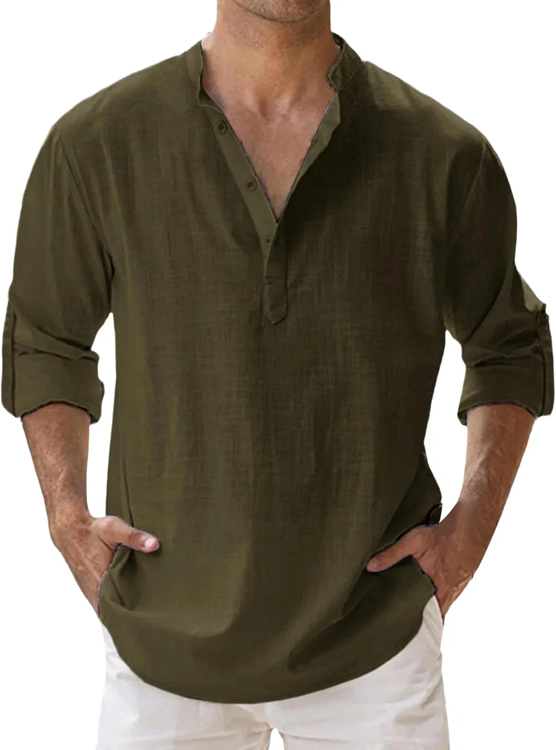 Мужская футболка с длинным рукавом из льна и хлопка, Army Green