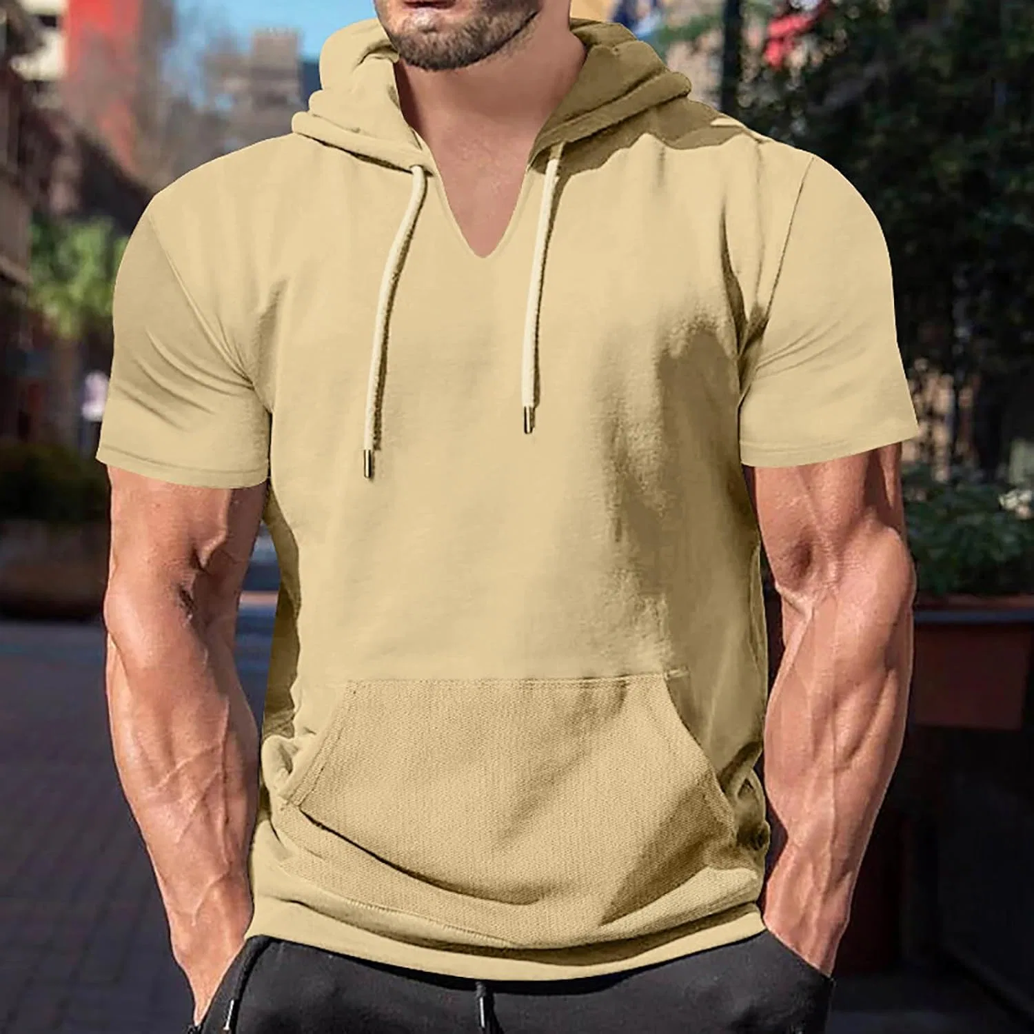 Мужская свободная футболка с капюшоном и карманом, Khaki — фото 2