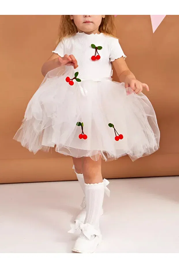 Детское платье для девочек хлопковое с принтом Cherry Nc Gift, White — фото 2