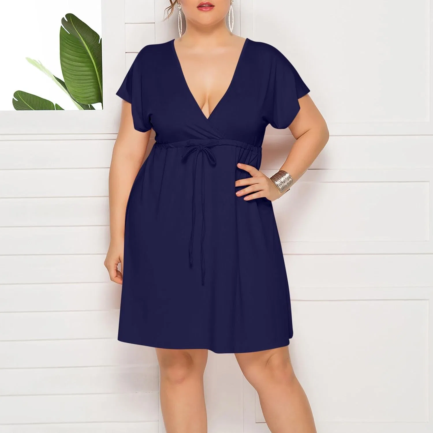 Женское платье V-образным вырезом с коротким рукавом, Dark Blue — фото 2