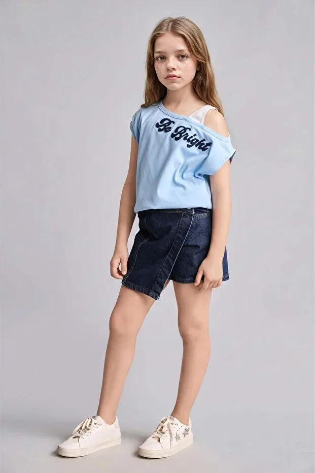 Детская футболка для девочек с принтом Boat neck printed ribbed short sleeve light blue t-shirt girl child i2346a826au Defacto, Blue-Be791 — фото 2
