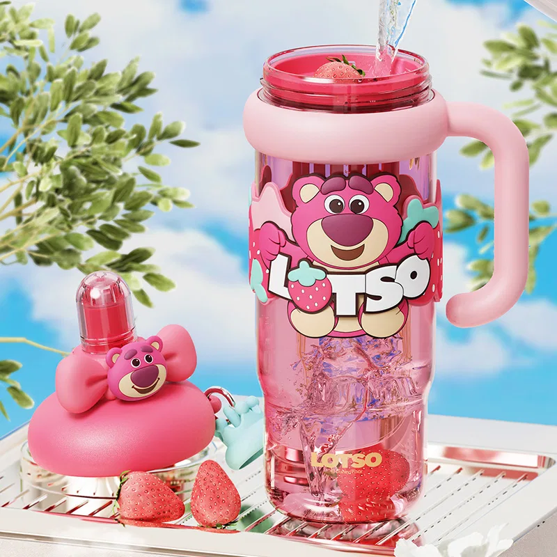 Детская бутылка для воды с трубочкой, 1200 мл, с щетками и сумкой, Lotso, Disney, Pink — фото 3