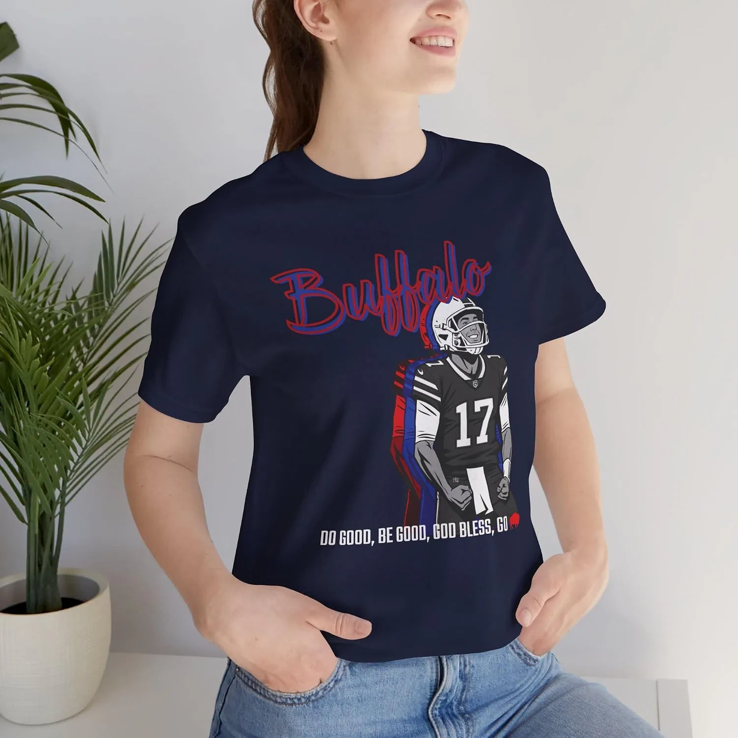 Мужская футболка с принтом Buffalo Football Fan Faith Shirt, Do Good Be Good Allen Tee, Inspirational Western NY Quarterback Fan Game Day Top, 716 Gift, тёмно-синий — фото 3