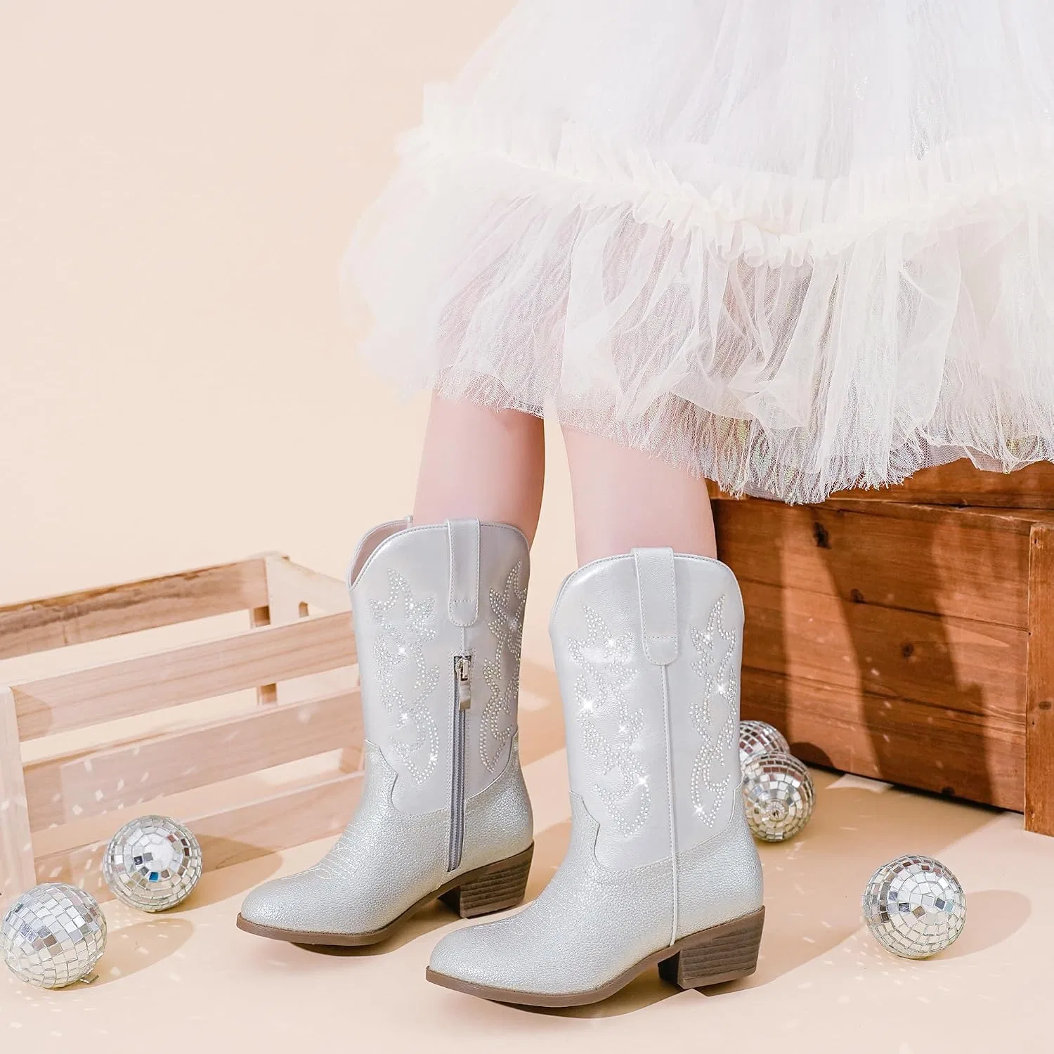 Детские сапоги для девочек с принтом Cowboy Boots for Girls Rhinestone Cowgirl Boots Little Big Kid LAURMOSA, Silver Rhinestone — фото 2