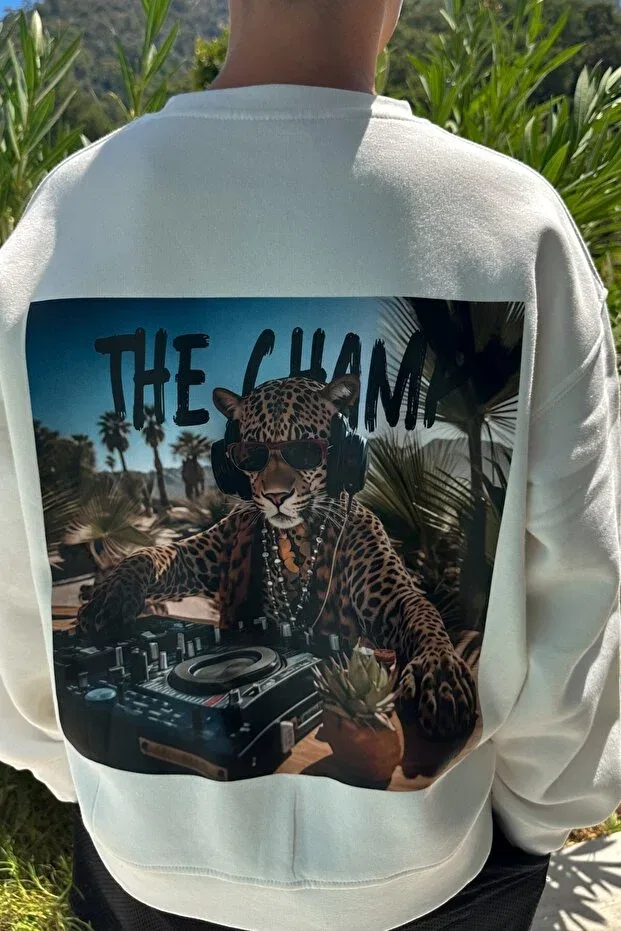 Детские свитшот оверсайз с принтом Dj Leopard The Champ Clothing, White
