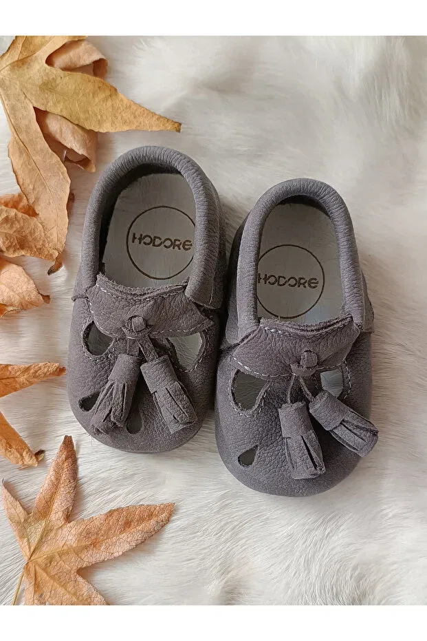 Детские кожаные пинетки-мокасины с кисточками Hodore, Tasseled Gray