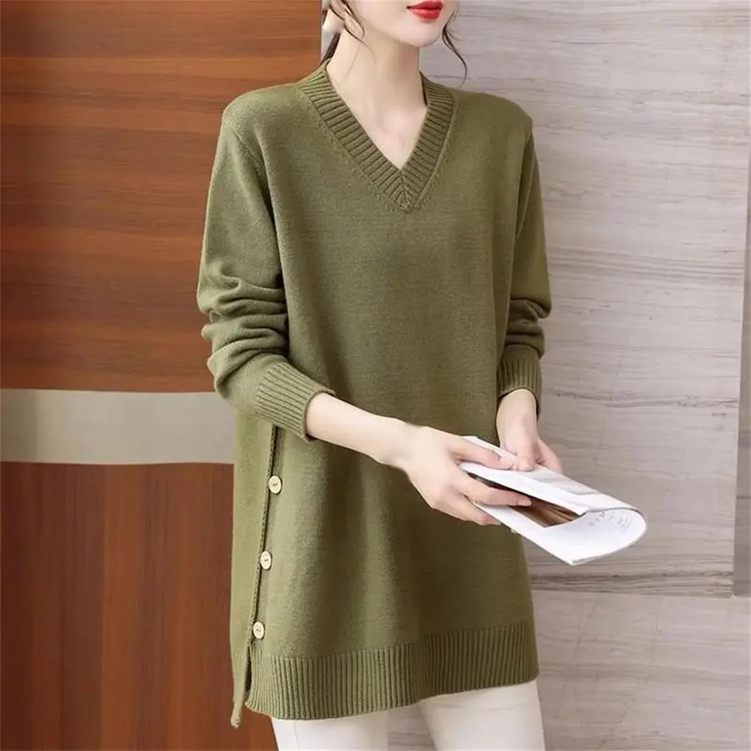 Женский свитер с V-образным вырезом, с длинным рукавом, фиолетовый — фото 4