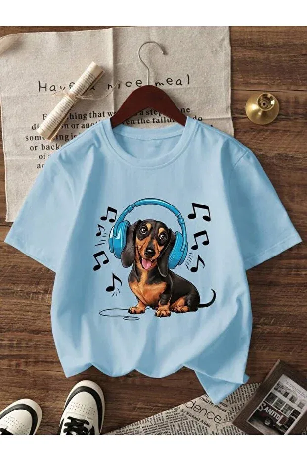 Детская хлопковое футболка для девочек с принтом Baby Girl Blue Music Listening Puppy Vinraus Giyim, Blue