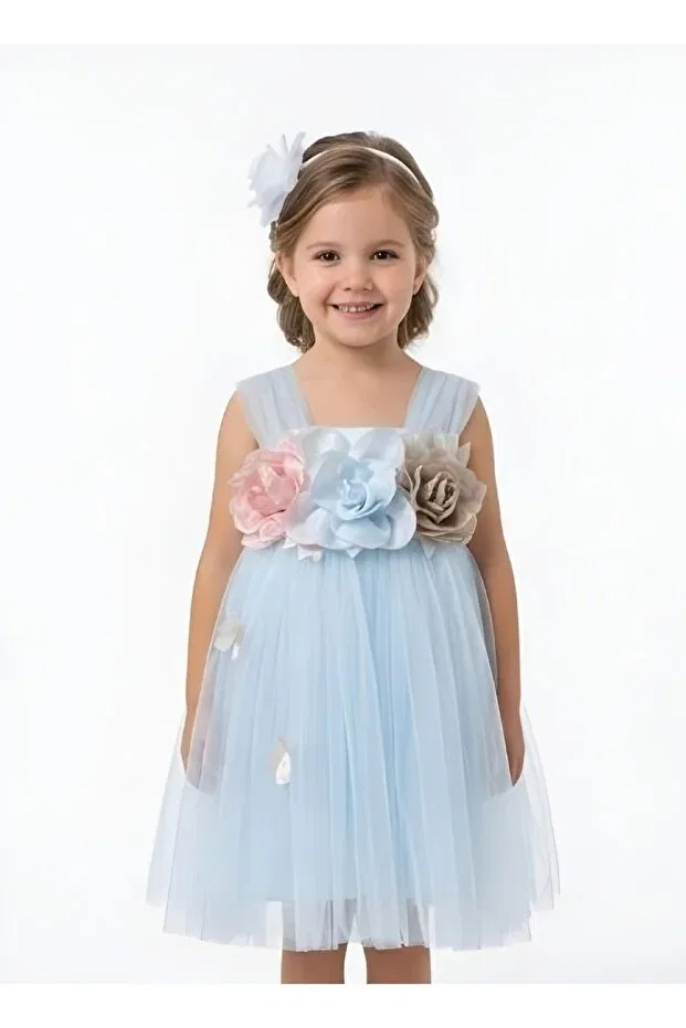 Детское платье для девочек с принтом Baby Blue Tulle Dress With Crown Accessory And Floral Front Moda, Blue — фото 3