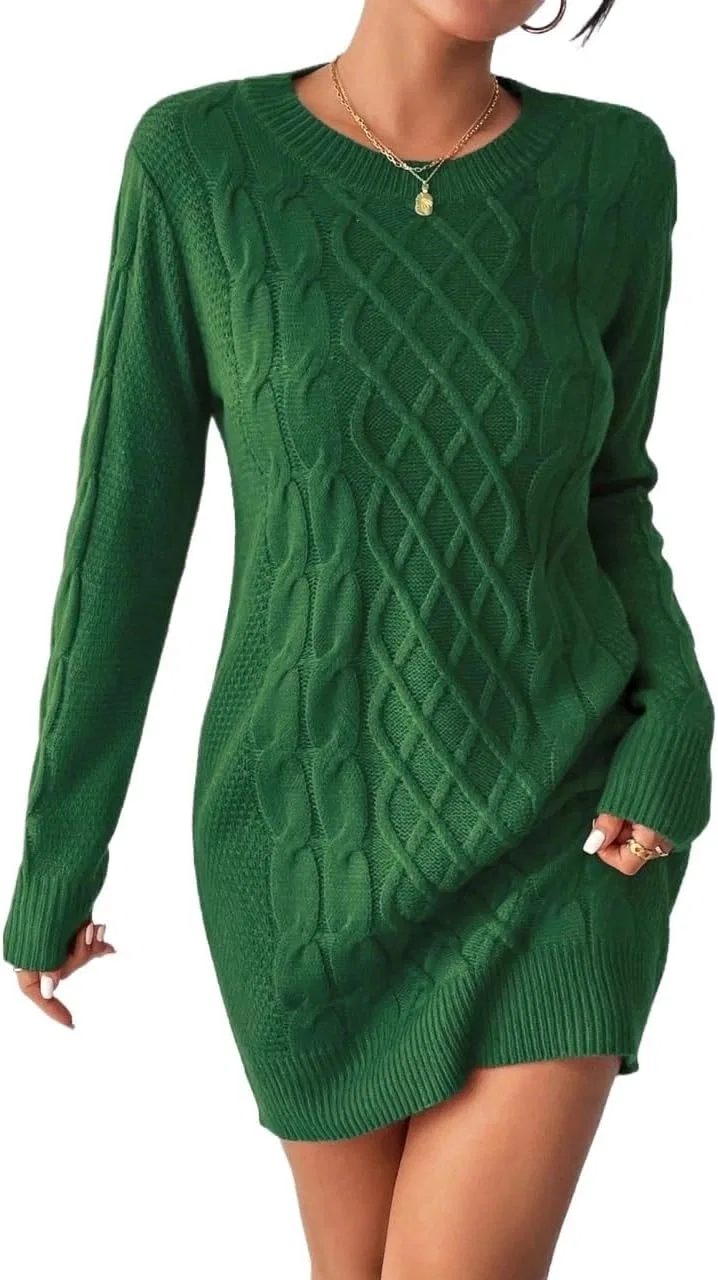 Женское короткое платье-свитер с круглым вырезом, Army Green