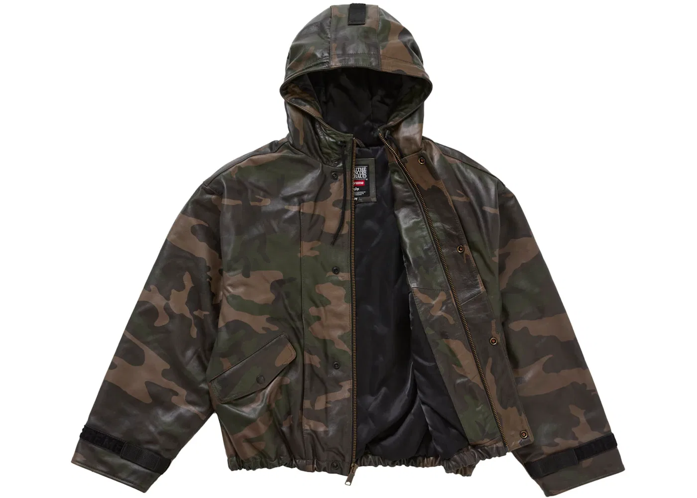 Мужская куртка-бомбер из кожи с капюшоном Supreme Marithé + François Girbaud Hooded Leather Flight Bomber Jacket, Woodland Camo — фото 2