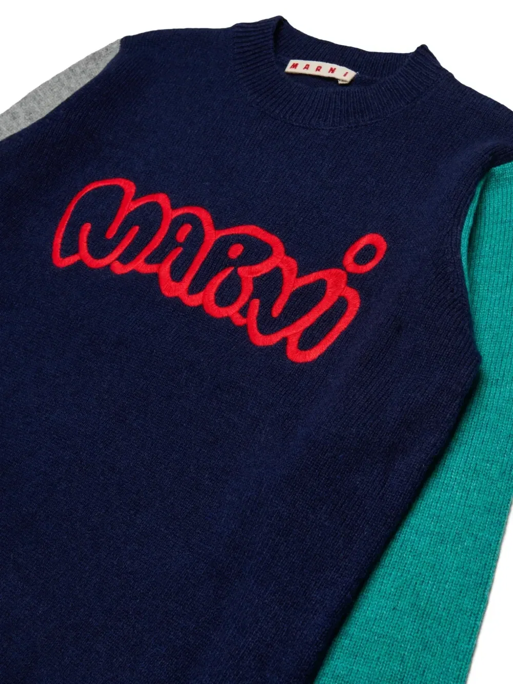 Свитер в стиле колор-блок с вышитым логотипом Marni Kids, синий — фото 3