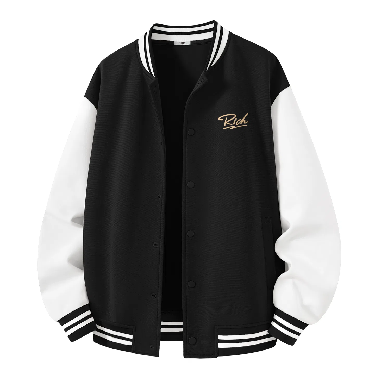 Детская бейсбольная куртка с воротником-стойкой Heavyweight Baseball Collar Black with Gold Sparkling Chest Logo, MINISO, Черный с золотым блестящим логотипом на груди