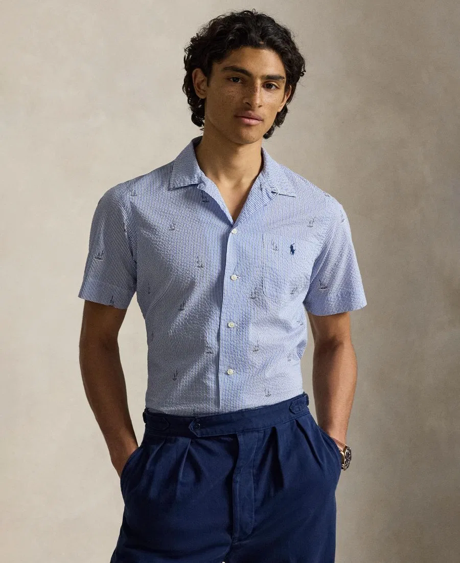 Мужская рубашка классического кроя с принтом Sailboat Seersucker Polo Ralph Lauren, Sailboat On Stripe