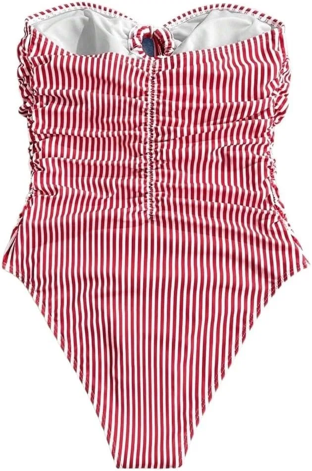Женский купальник слитный с вырезами и драпировкой Striped, Red and White — фото 4