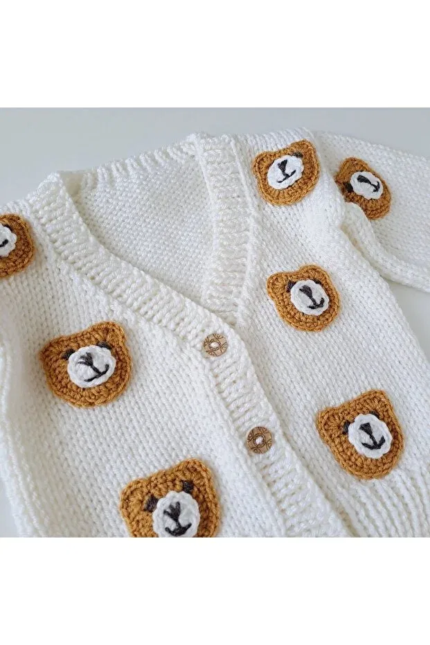 Детский кардиган с рисунком Hand knitted unisex baby cardigan with teddy bear figure Ponçik Atölye, Ecru — фото 2