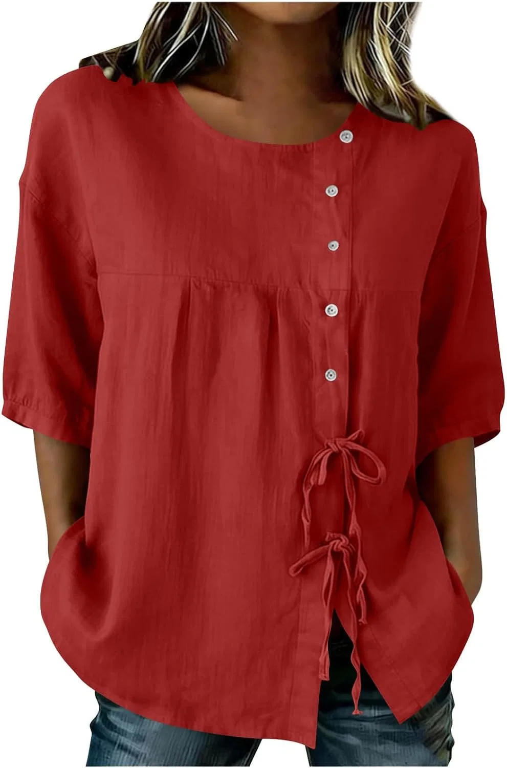 Женская блуза с коротким рукавом 3/4, Cotton Linen, завязка бантом, свободный крой, Red