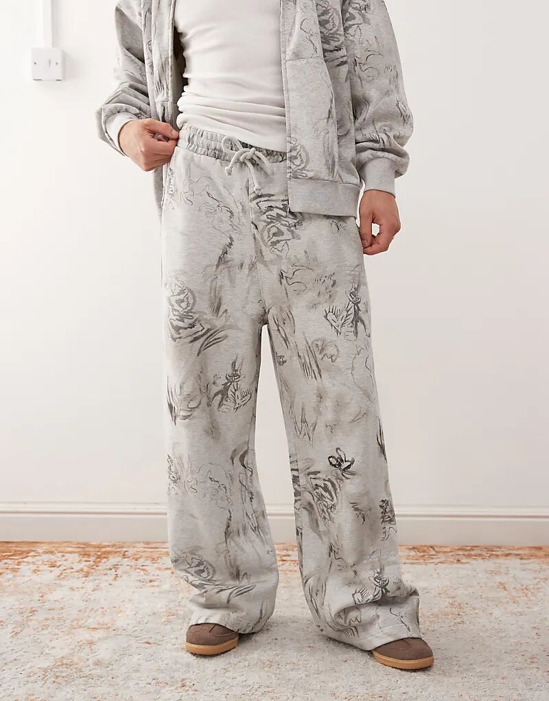 

Широкие брюки-джоггеры Weekday Coord с графическим принтом в сером меланжевом цвете