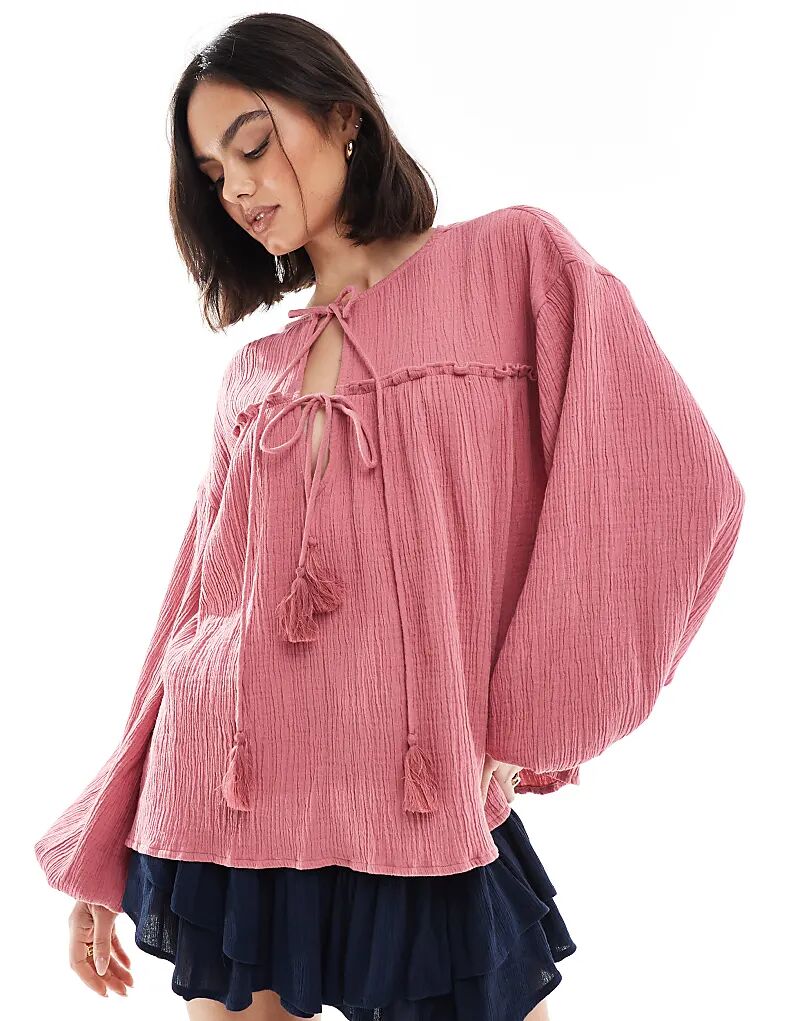 

Хлопковый топ ASOS DESIGN с завязками, текстурированный, розово-розовый
