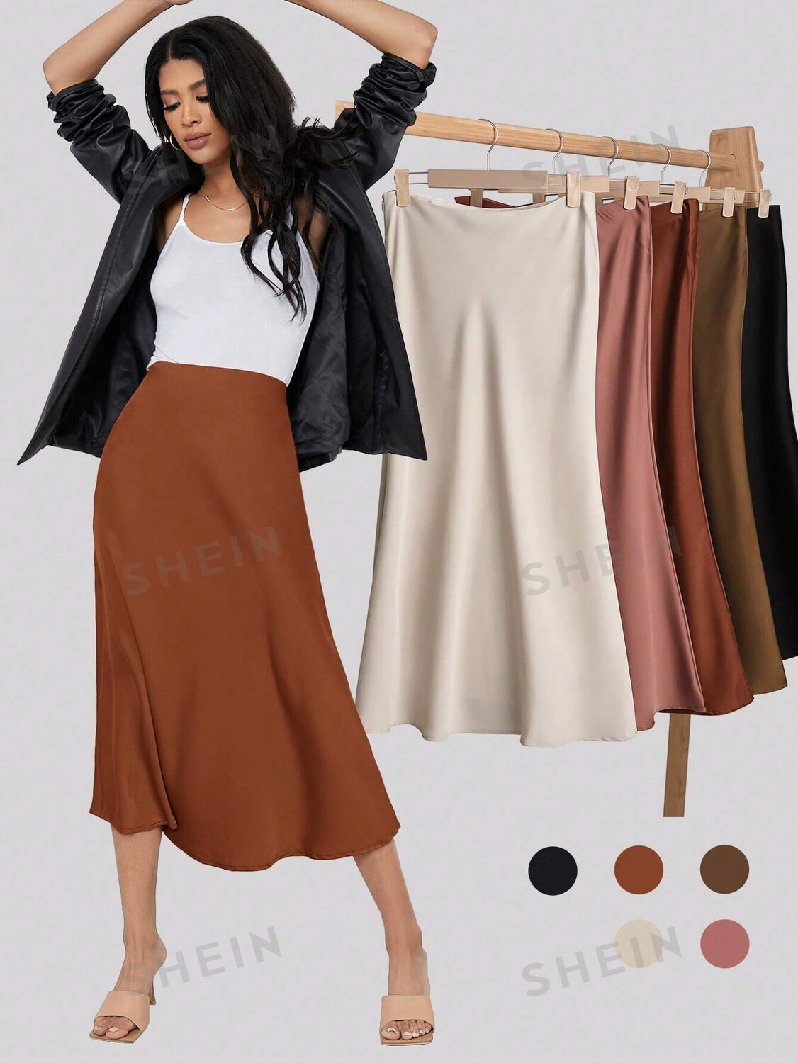 

BIZwear Юбка, молния, однотонная, рабочая одежда Shein, ржаво-коричневый
