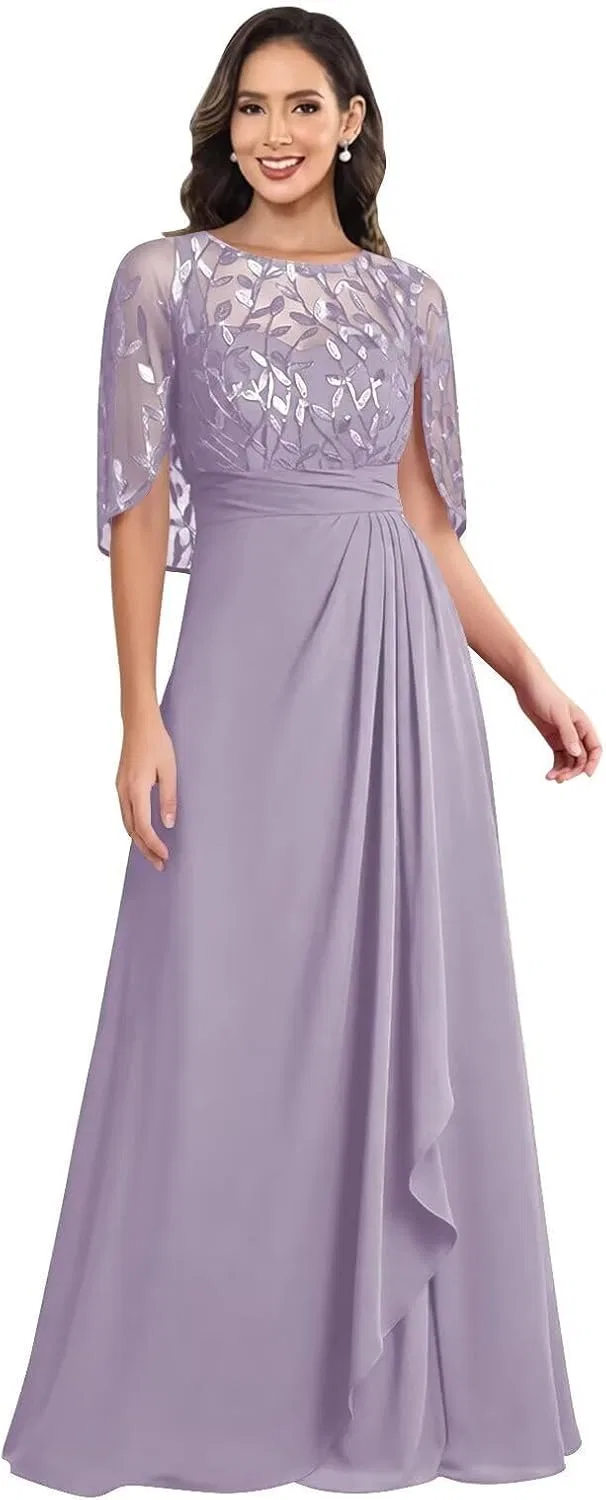 Женское вечернее платье A-силуэта с пайетками, кружевными рукавами, Lilac
