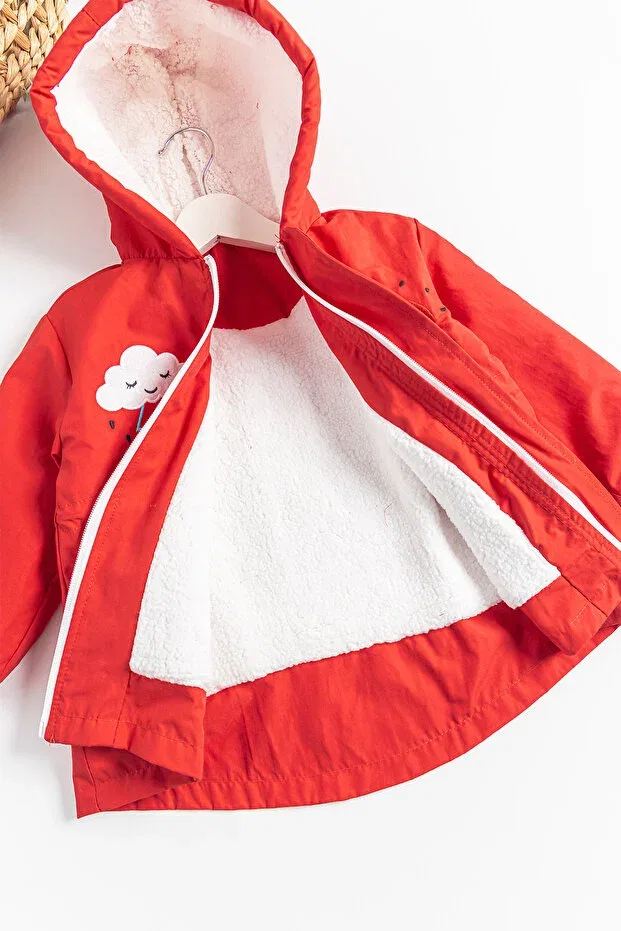Детское пальто для девочек с принтом Rainbow Embroidered Plush Lined Girl's Coat Babymod, Red — фото 3
