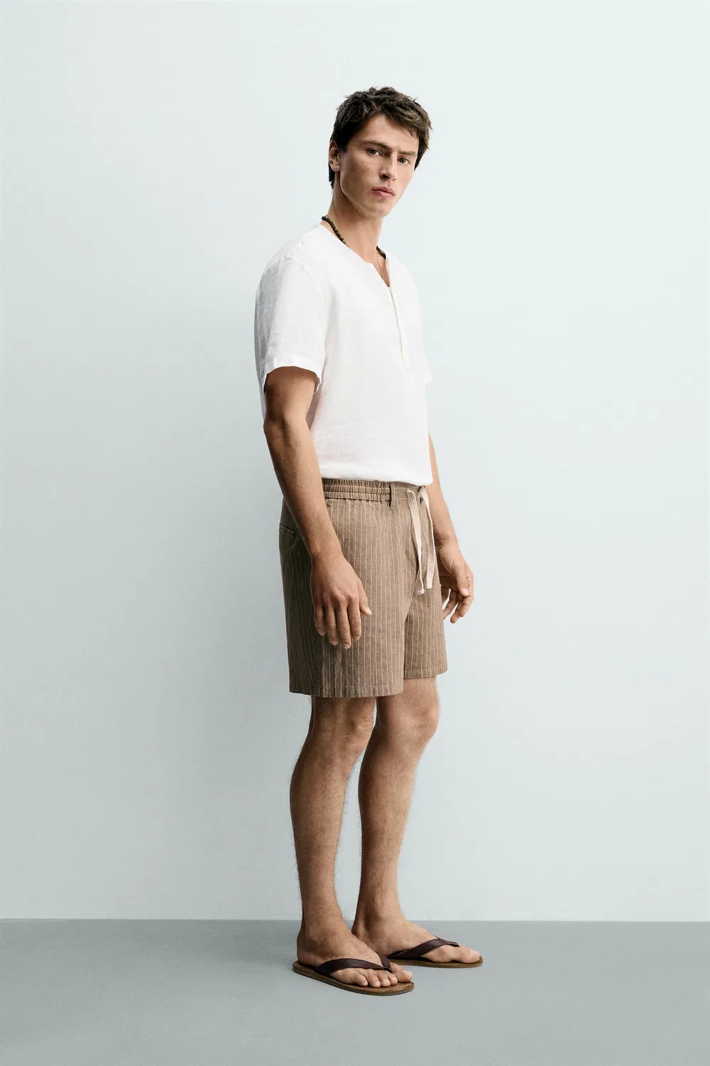 Хлопковые/льняные шорты-бермуды свободного кроя ZARA, Brown/Ecru — фото 4