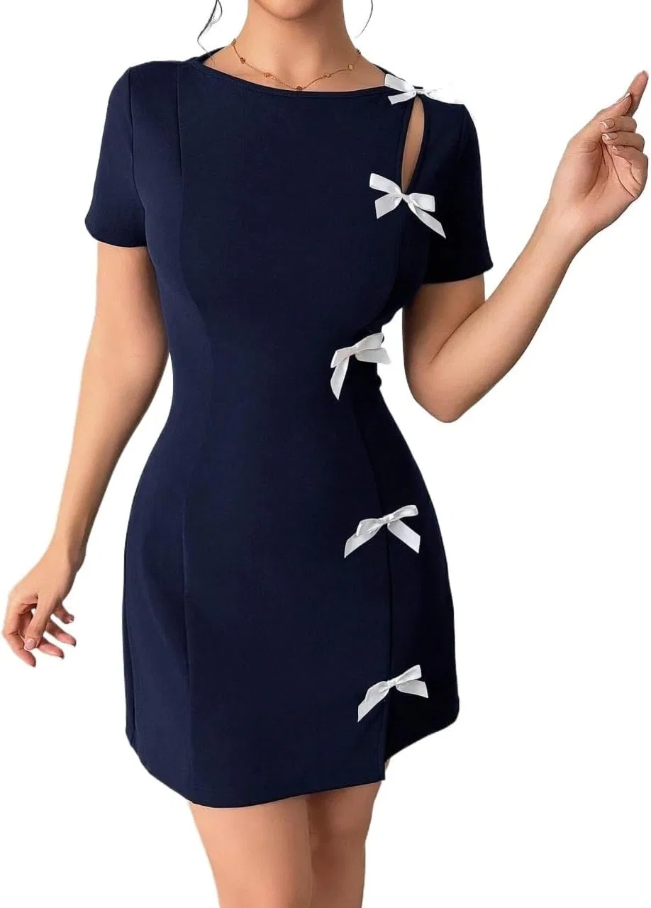 Женское облегающее мини-платье с бантом и вырезами, Navy Blue