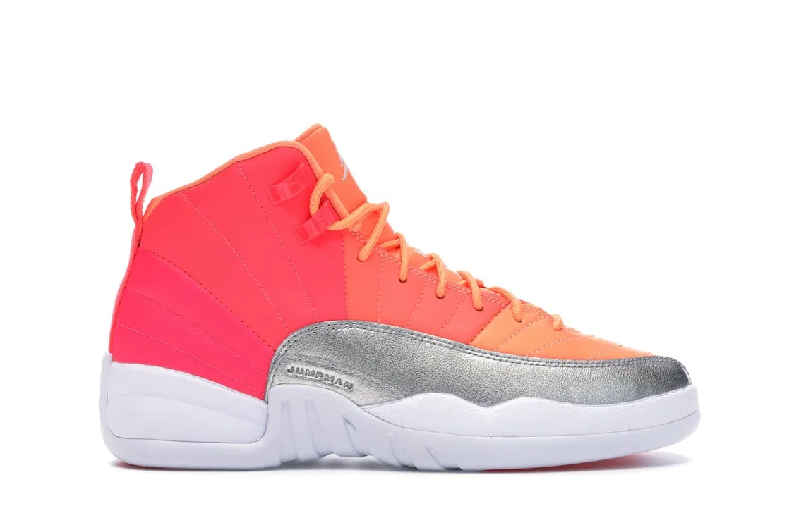 Детские кроссовки с ярким градиентом Jordan 12 Retro Jordan, Racer Pink/White-Hot Punch-Bright Mango-Sunset Pulse-Metallic Silver