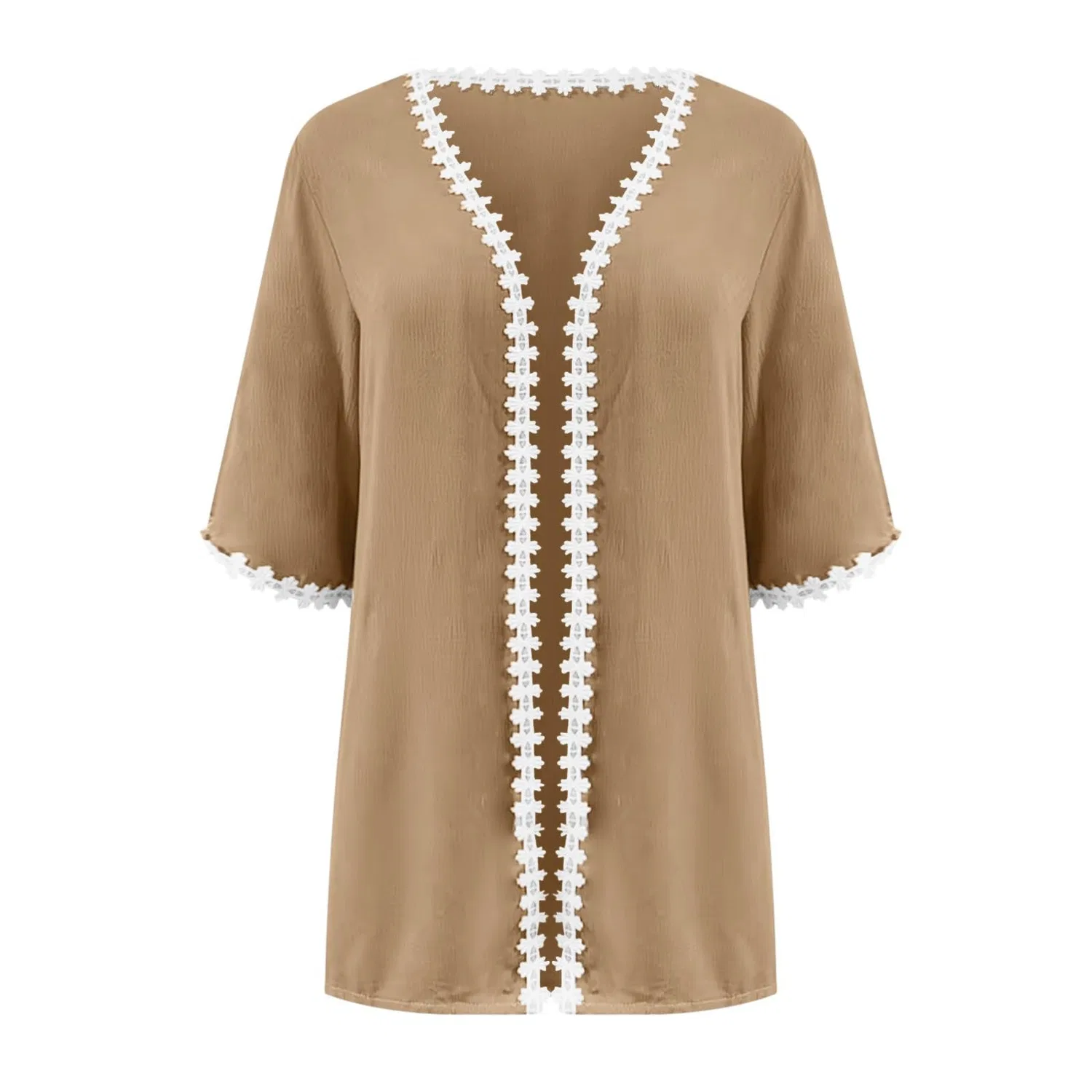 Женский легкий кардиган с рукавом 3/4 из льна, Dark Khaki — фото 4