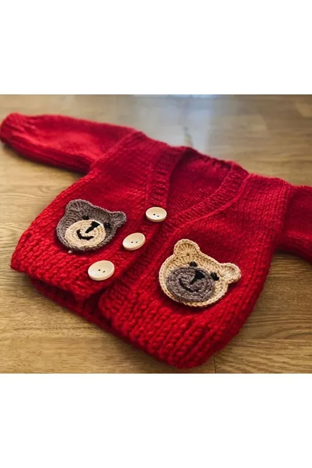 Детский кардиган для мальчиков с принтом Hand knitted bear baby boy El Örgüsü, Red