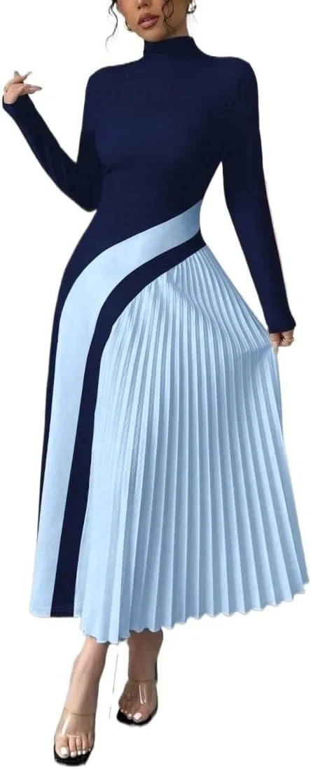 Женское элегантное платье миди A-силуэта с цветовыми блоками, Navy Blue