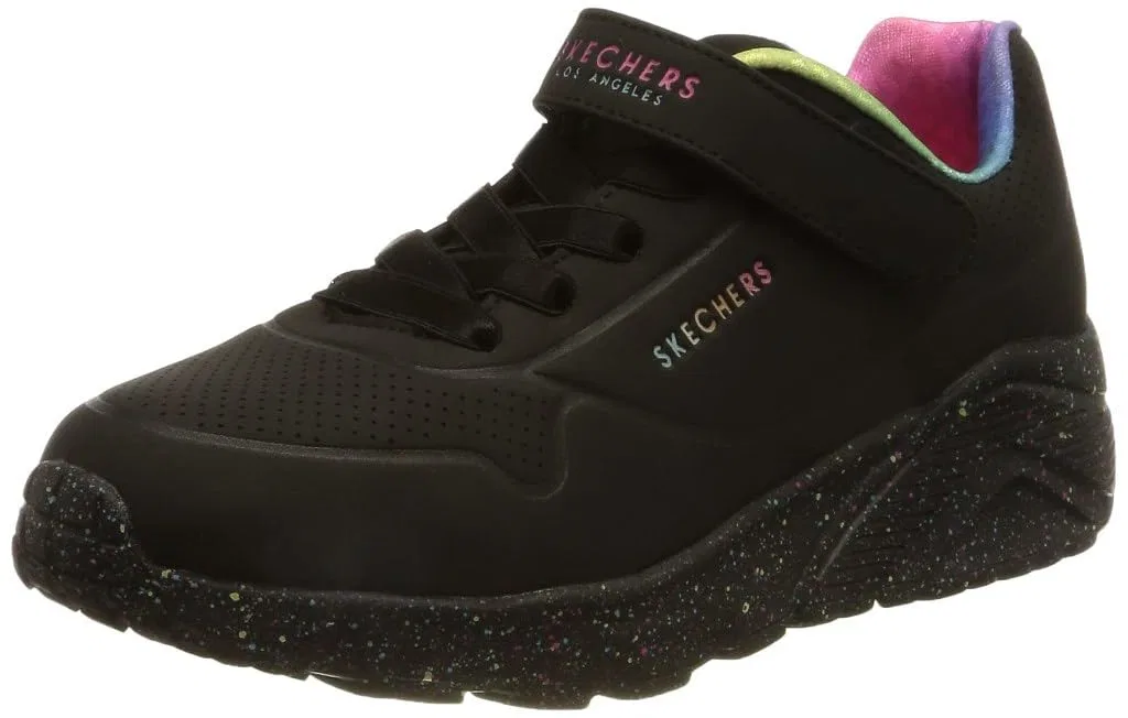 Детские кроссовки для девочек с принтом Uno Lite Rainbow Specks Skechers, Black Pu Multi Rainbow Trim