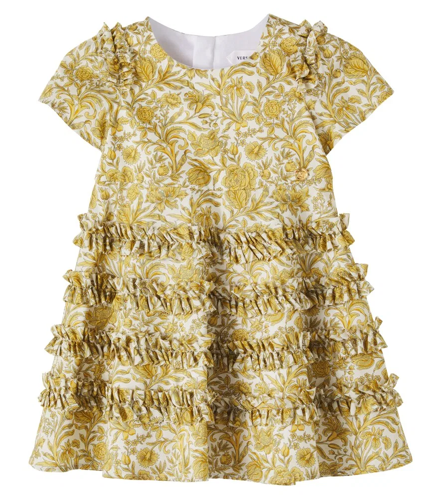 Детское платье из хлопкового поплина с цветочным принтом и оборками Versace Kids, золотой