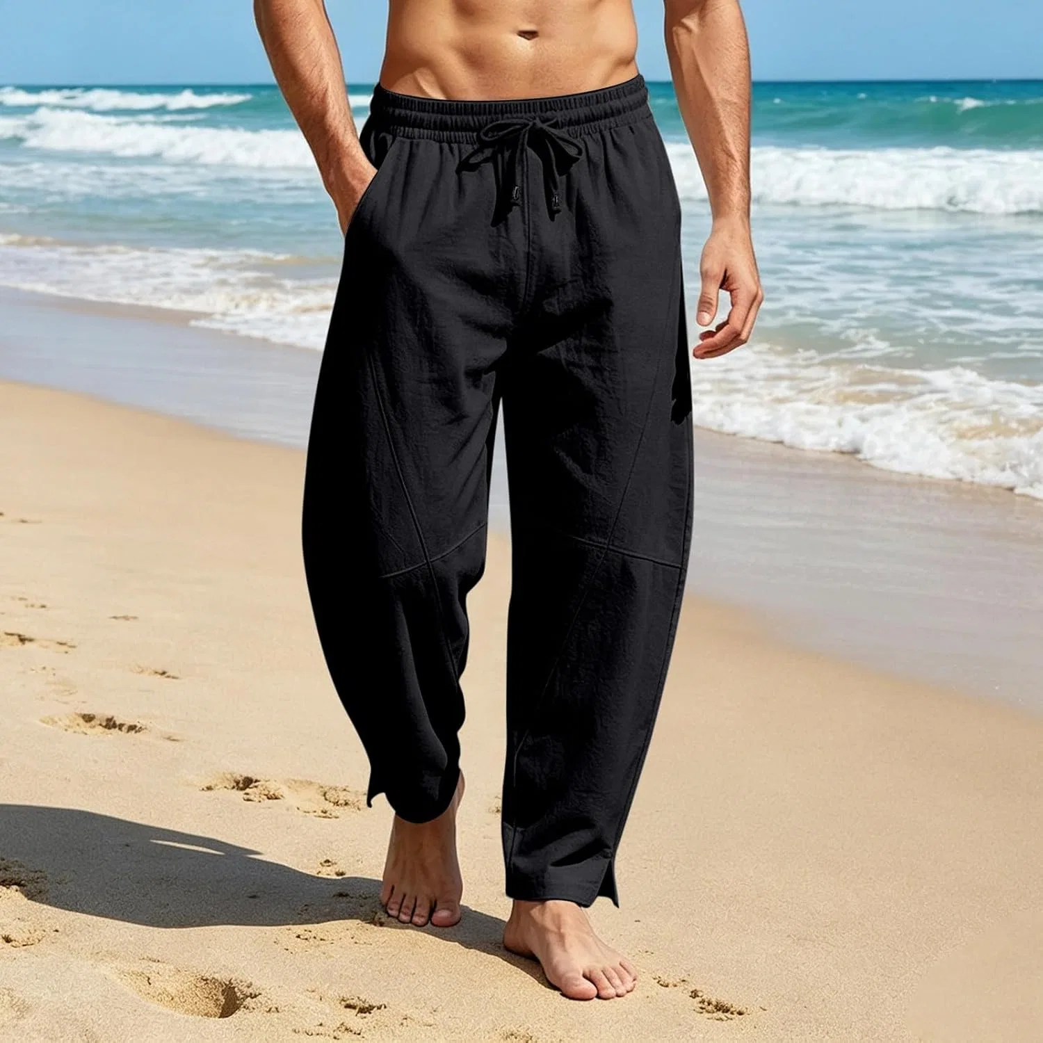 Мужские льняные брюки свободного кроя, Linen Barrel Pants, чёрный — фото 3
