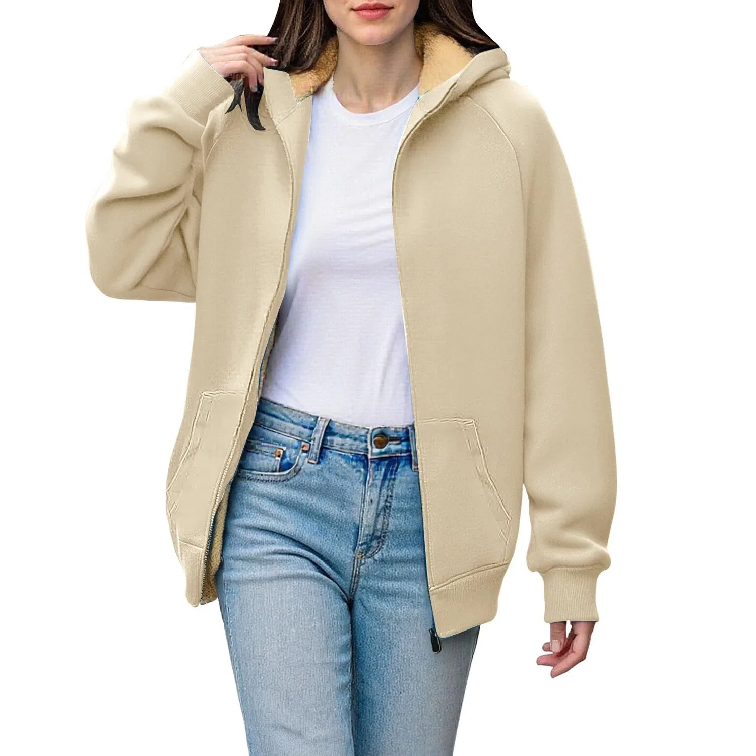 Женский свитшот с капюшоном на молнии из флиса, Beige