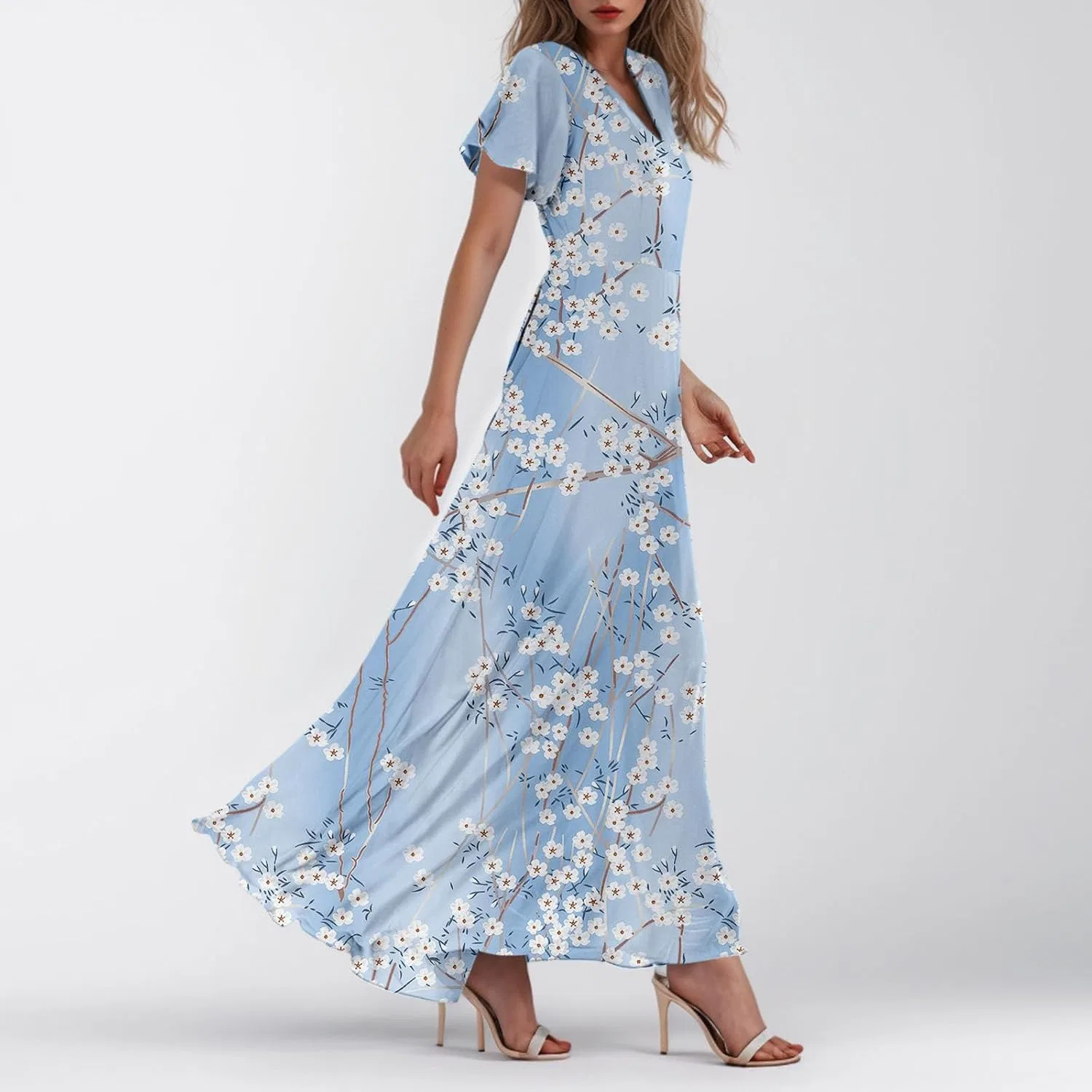 Женское цветочное платье макси V-образный вырез Chiffon, Sky Blue — фото 4