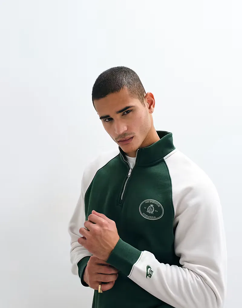 Толстовка Nike Club NCC с застежкой-молнией на четверть длины и логотипом, зелено-бежевого — фото 2