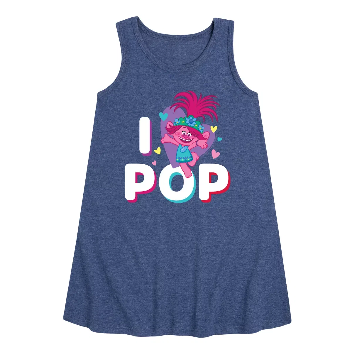 Детское платье-трапеция для девочек без рукавов I Love Pop Poppy Trolls, Heather Navy
