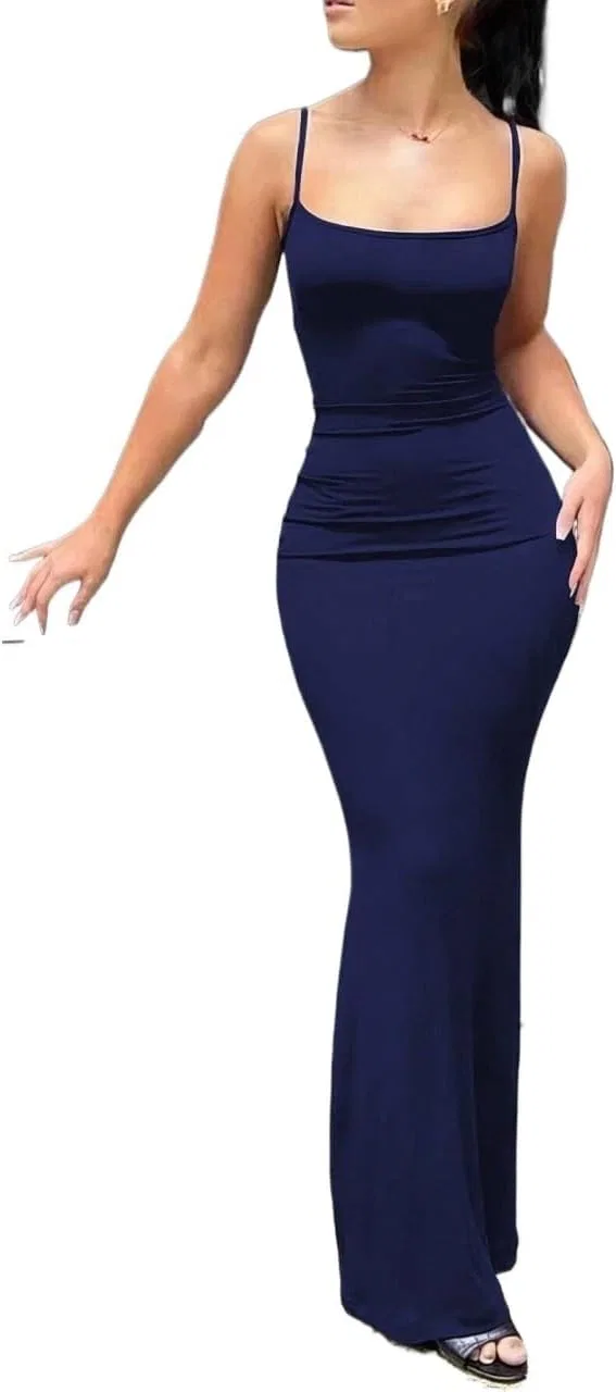 Женское макси-платье на тонких бретелях с открытой спиной, Navy Blue