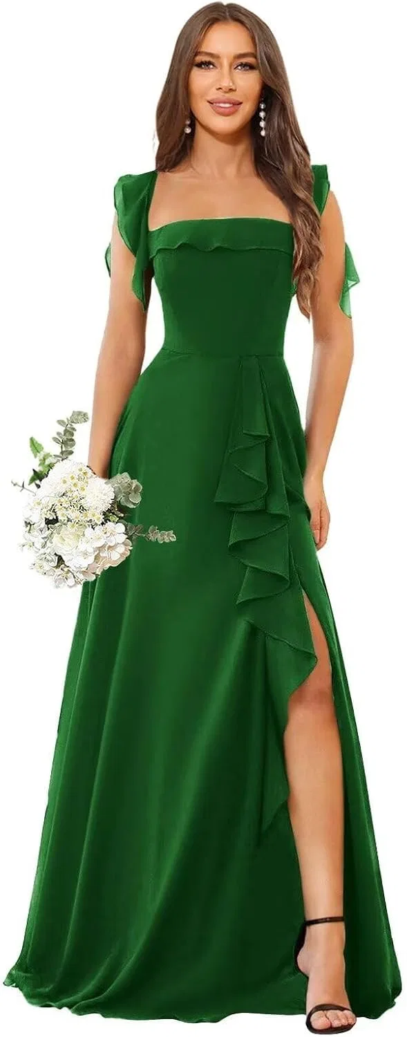 Женское длинное платье с разрезом и рюшами A-Line из шифона, Emerald Green