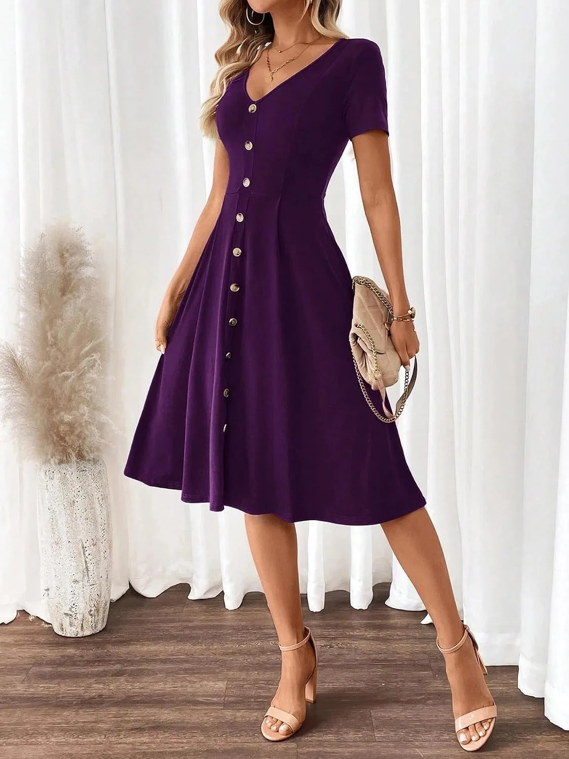 Женское платье A-силуэта с V-образным вырезом, Purple — фото 4