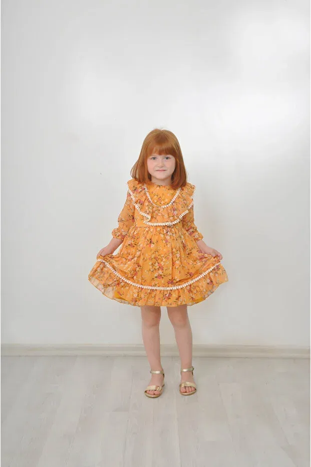 Детское платье для девочек с принтом Girl'S Dress Mustard Floral Pompom Detail Casual Birthday Dress Filizdens Kids, Sarı
