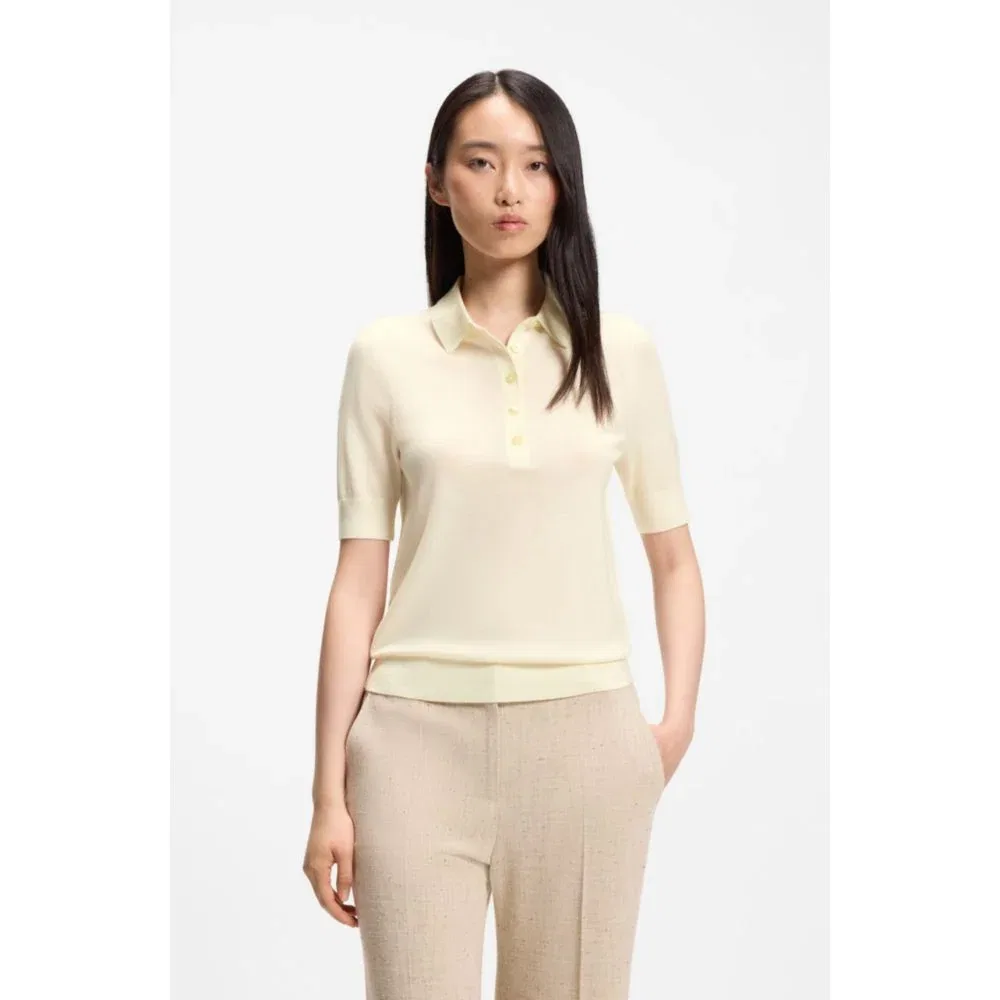 Женский свитер с коротким рукавом и воротником поло из мериносовой шерсти BOSS, Light Beige — фото 3