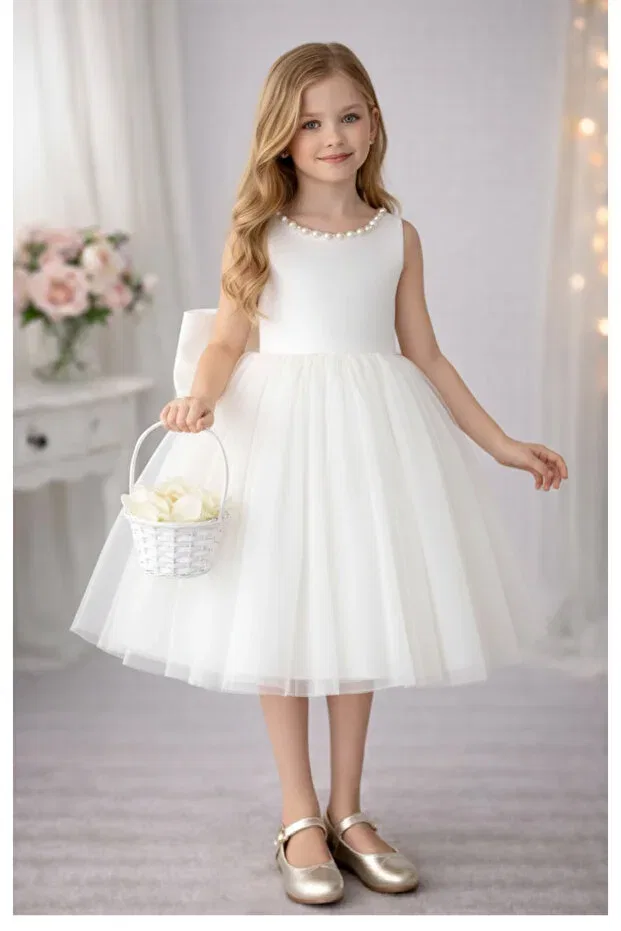 Детское платье для девочек с принтом Violet Model Collar Pearl Suneh, White