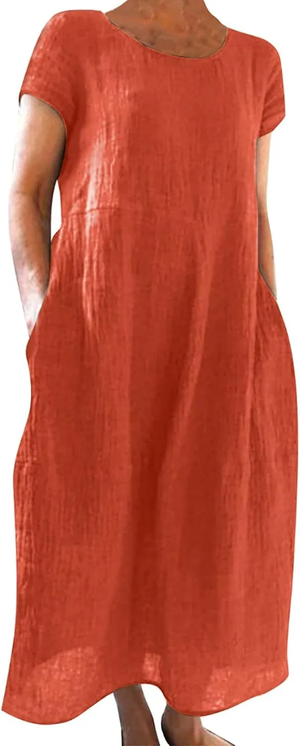 Женское летнее платье макси свободного кроя Cotton Linen, Orange