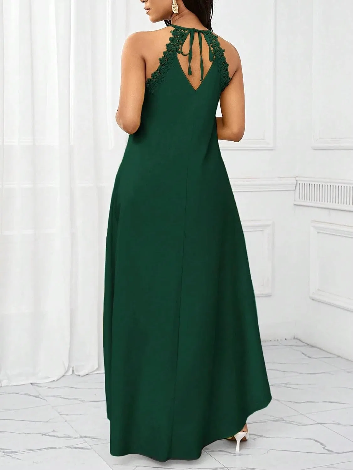 Женское макси-платье на бретелях с кружевом, Dark Green — фото 2
