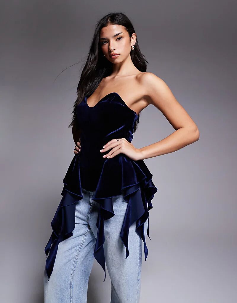 

Бархатный топ-бандо с баской ASOS LUXE темно-синего цвета