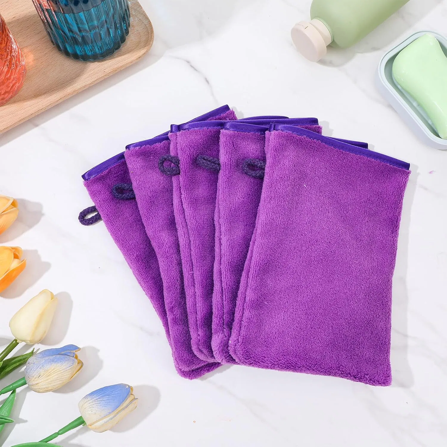 Набор мочалок для лица из микрофибры, 5 шт, 20x15 см, HJZHII, Purple — фото 4